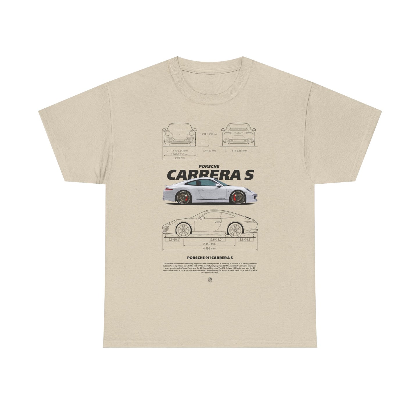 Chic beige Porsche 911 Carrera S T-shirt, featuring precise technical illustrations of the vehicle, adorned with tasteful design that caters to automotive aficionados.