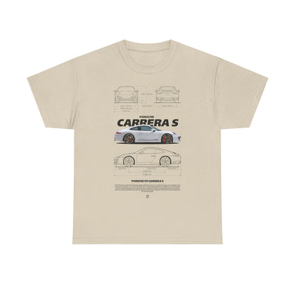 Chic beige Porsche 911 Carrera S T-shirt, featuring precise technical illustrations of the vehicle, adorned with tasteful design that caters to automotive aficionados.