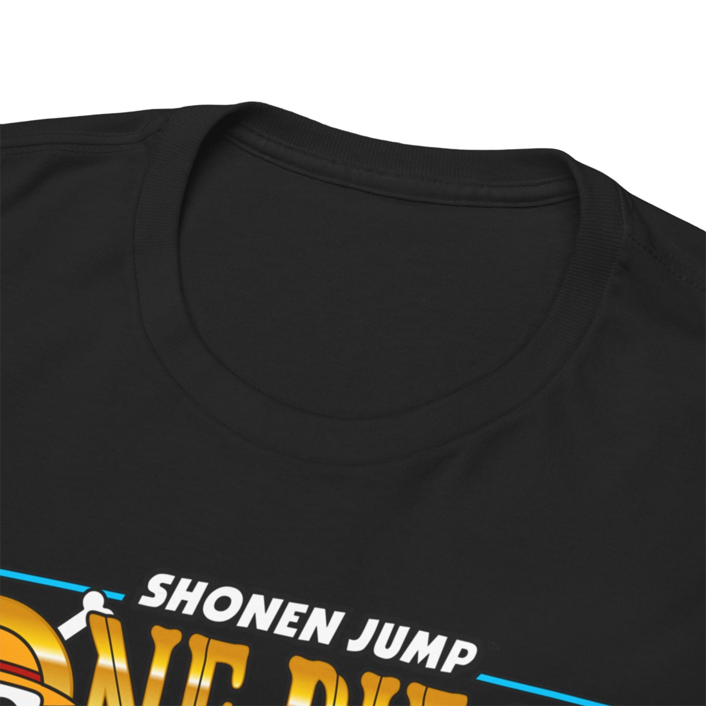 Close-up view of the neckline of a black t-shirt, featuring premium quality fabric with a dynamic One Piece design, promising comfort and style.