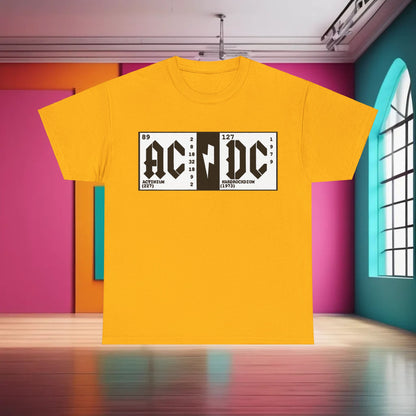 Vibrant yellow Elements AC DC Graphic T-Shirt, elegantly crafted with unique periodic table motifs, representing luxury in casual wear.