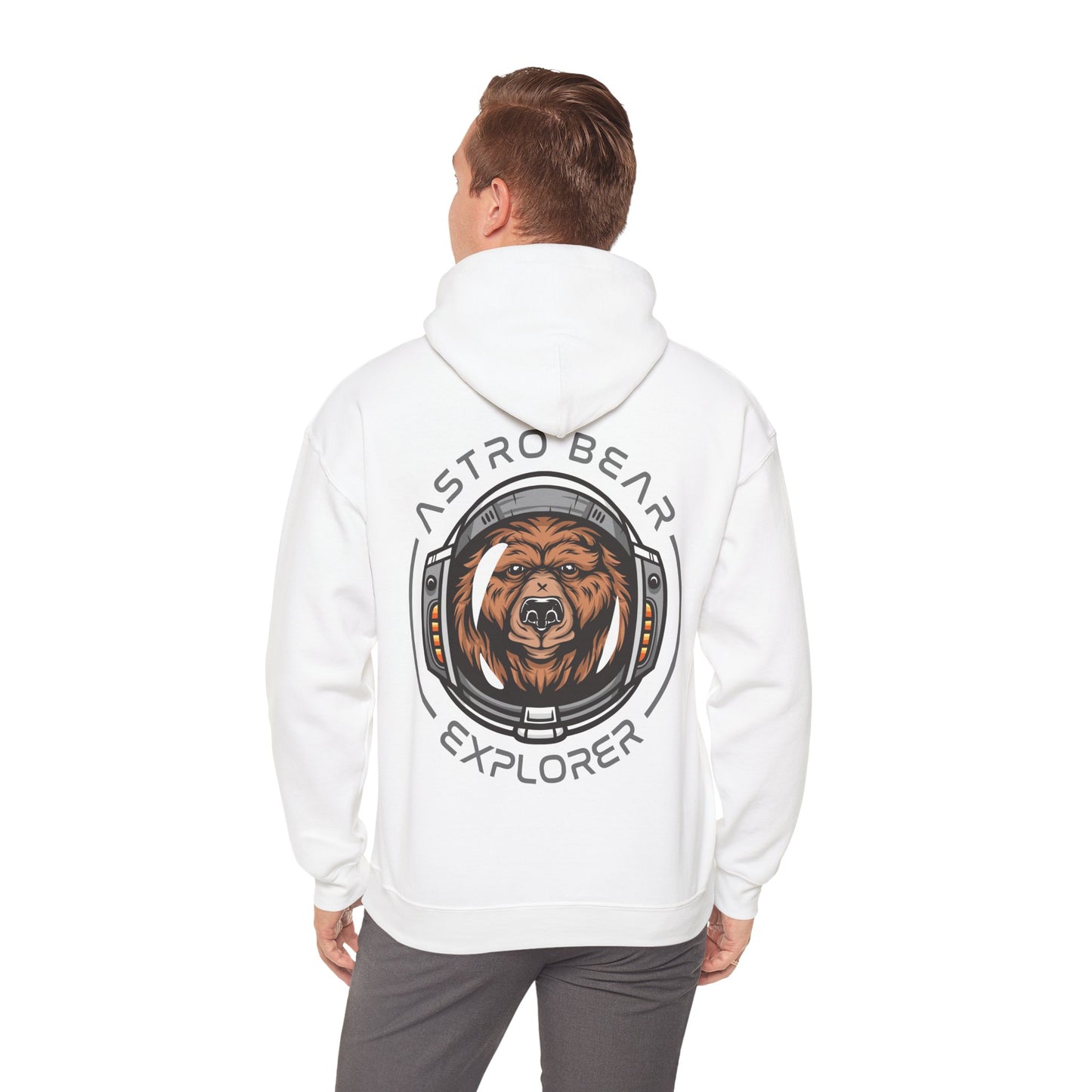 Elegant white hoodie featuring a whimsical cartoon bear in an astronaut helmet, printed on the back with bold 'ASTRO BEAR EXPLORER' text, designed for stylish adventurers.