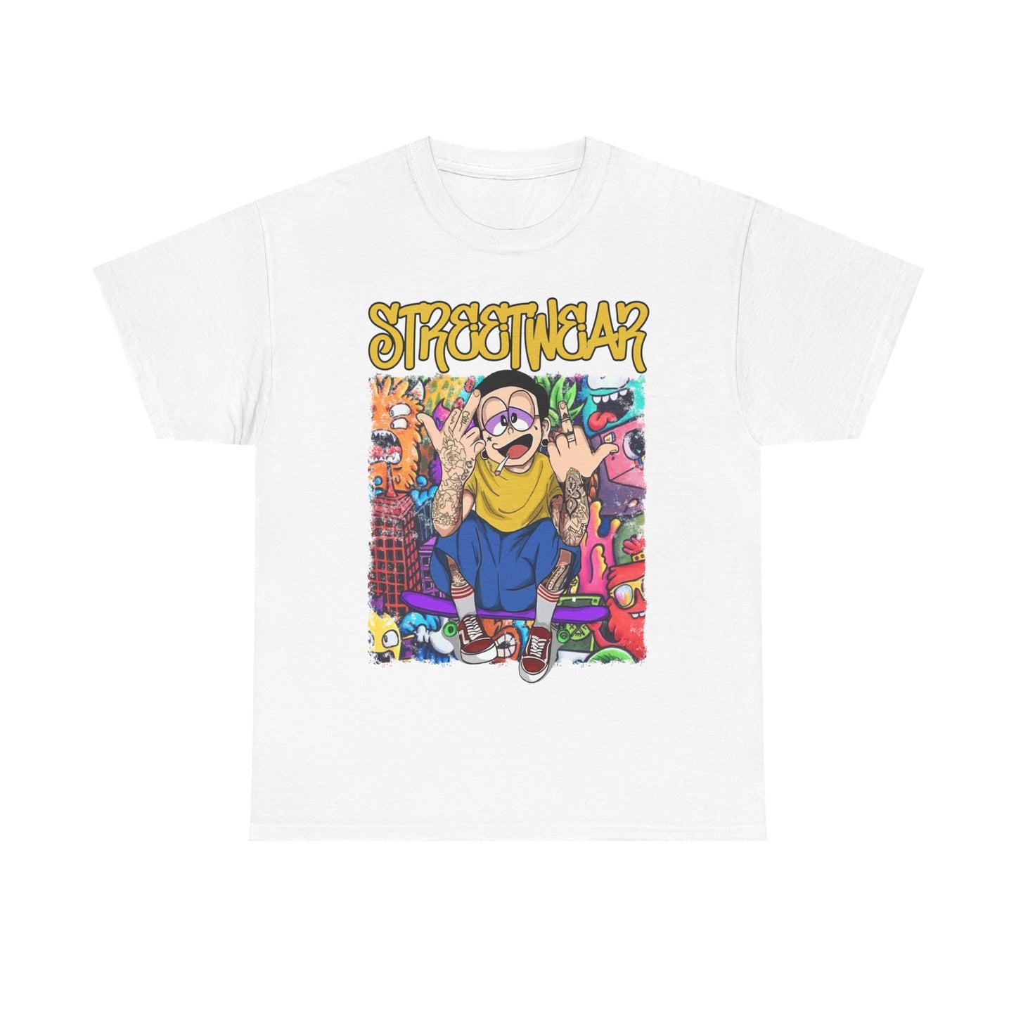 Striking white t-shirt featuring bold 'STREETWEAR' graphic with cartoon character and vibrant urban design, perfect for trendy street fashion lovers.