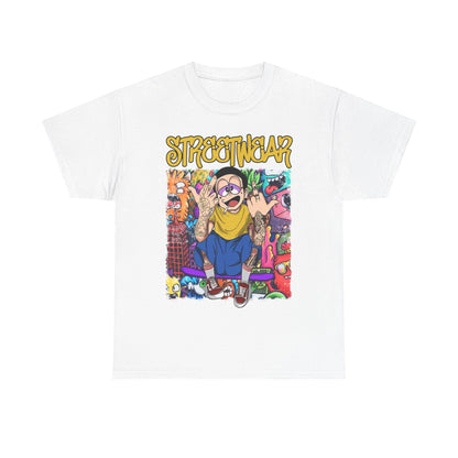 Striking white t-shirt featuring bold 'STREETWEAR' graphic with cartoon character and vibrant urban design, perfect for trendy street fashion lovers.