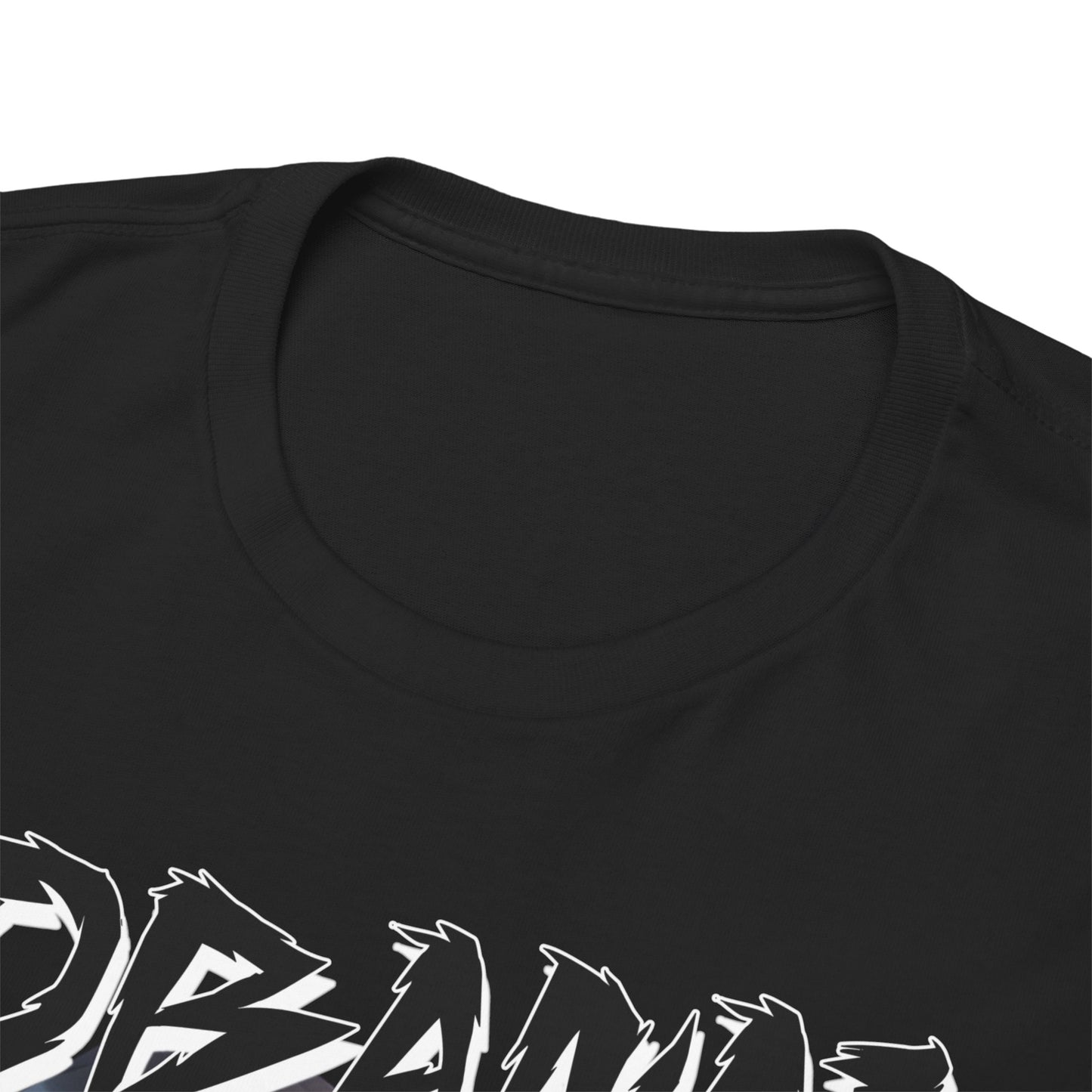 Detailed view of a black T-shirt collar, highlighting the premium quality fabric and luxurious finish, featuring bold prints of Obanai Iguro.