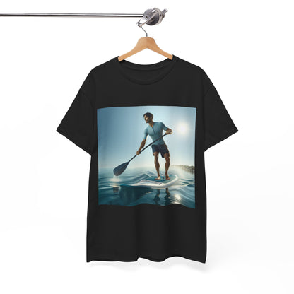 Lifestyle shot of the Delightfull Paddle Board Adventure T-Shirt by Dazzling Dreams Studio, worn during a casual beach outing, exemplifying versatile style for water sports lovers.