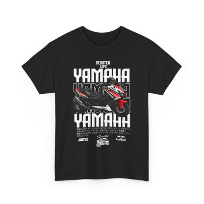 Men's YAMAHA Scooter Life t-shirt in black displaying bold graphics of a chic scooter along with iconic brand logos, capturing the spirit of motorbike passion.