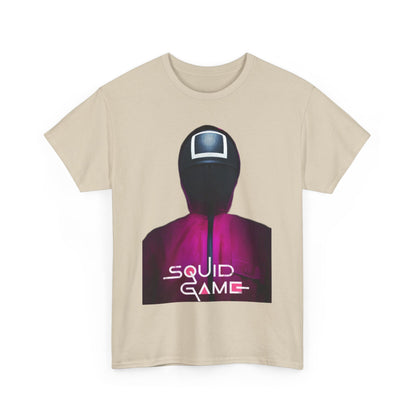 Elegant unisex Squid Game graphic t-shirt showcasing a high-quality print of the iconic character in a sophisticated beige hue, perfect for urban fashion enthusiasts.