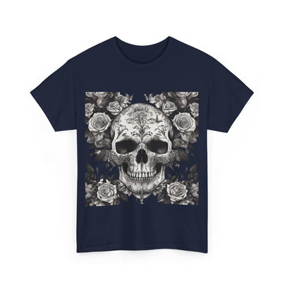 Front view of Skulls and Roses Cotton Tee - Stylish unisex graphic shirt in navy with detailed skull and rose artwork.