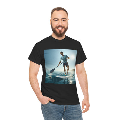 Lifestyle shot of the Delightfull Paddle Board Adventure T-Shirt worn during a sunny beach day, embodying adventure and comfort by Dazzling Dreams Studio.