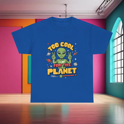 Urban Unisex 100% Cotton Cool Alien Graphic T-Shirt in blue, showcasing a playful alien graphic and the phrase 'Too Cool for This Planet', ideal for casual fashion.