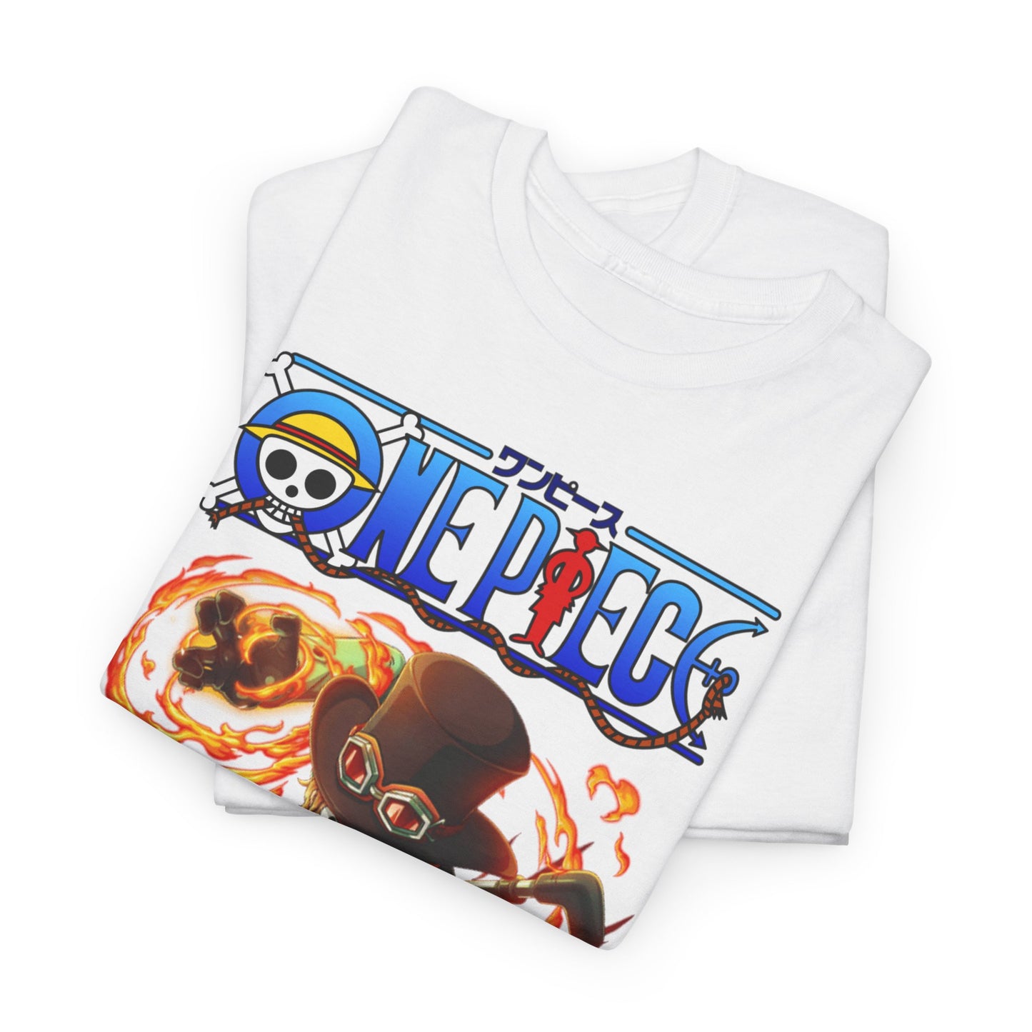 Folded luxury men's white T-shirt displaying a stunning Sabo graphic from One Piece, highlighted with fiery action elements and bold colours.