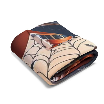 Folded Decorative and Warm Halloween Spooky Arctic Fleece Blanket close-up displaying intricate Halloween design elements like a spider web and a stylish witch's hat.