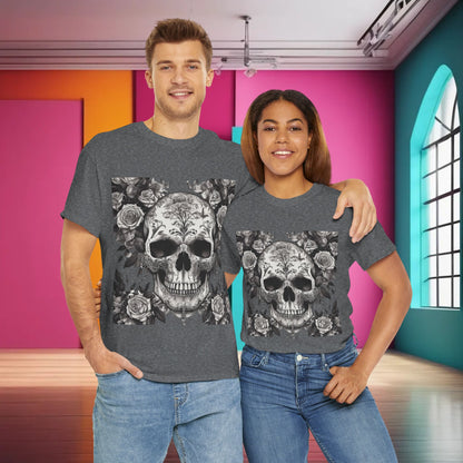Two models wearing the Skulls and Roses Cotton Tee, highlighting the unisex fit and stylish skull graphic in a trendy interior setting.