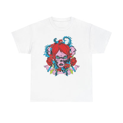Refined Men's Artistic T-Shirt in pristine white, showcasing a striking skull surrounded by roses and decorative elements, perfect for making a fashion statement.