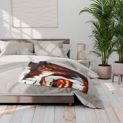 Sophisticated Decorative and Warm Halloween Spooky Arctic Fleece Blanket elegantly placed on a contemporary bed, highlighting a detailed Halloween illustration for festive comfort.