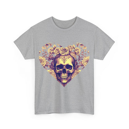 Front view of the Skulls and Roses Cotton Tee in grey, elegantly displaying a stunning graphic of a skull embraced by roses, epitomising edgy luxury.