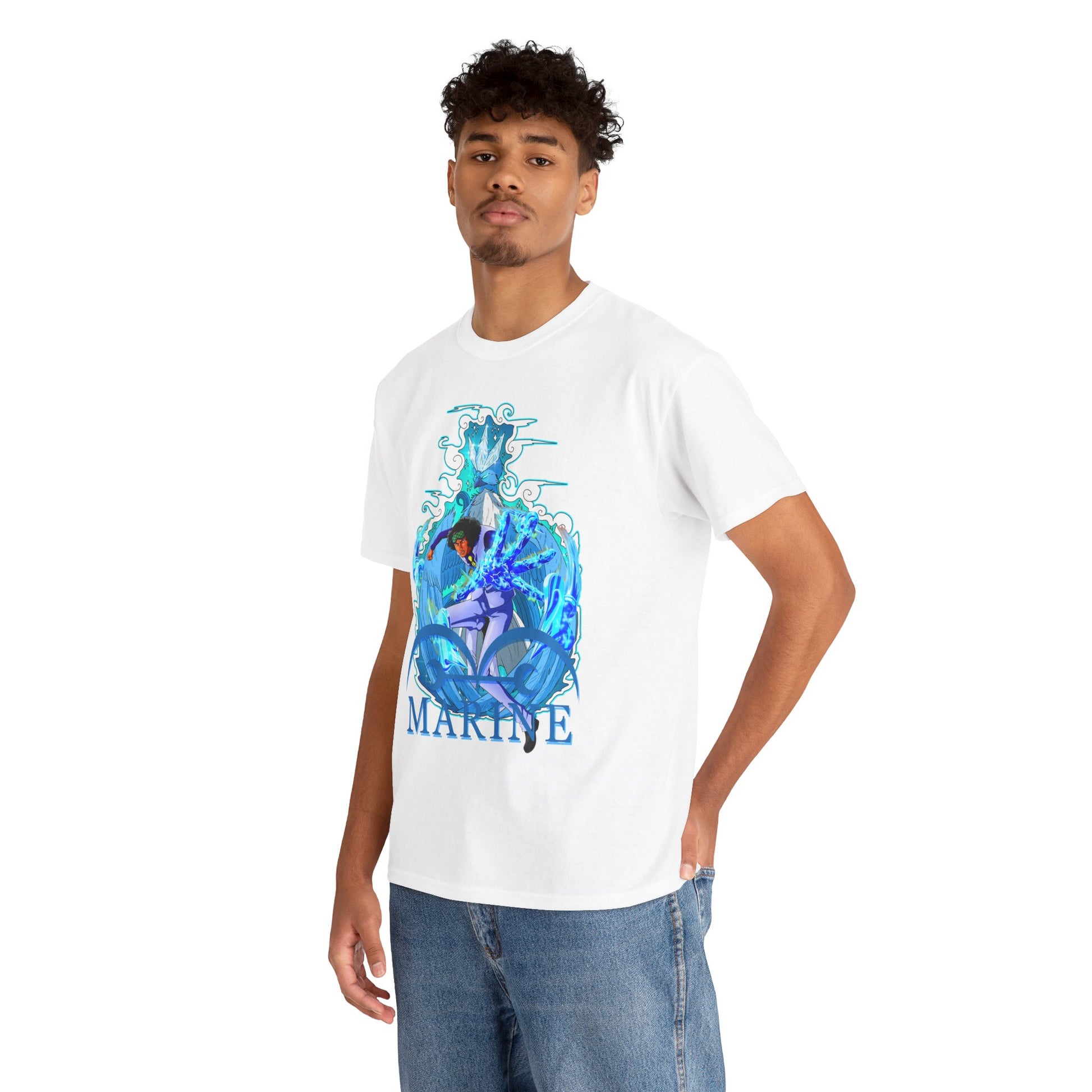 Men's luxury T-shirt featuring a bold marine anime design, showcasing intricate blue graphics, perfect for anime enthusiasts.