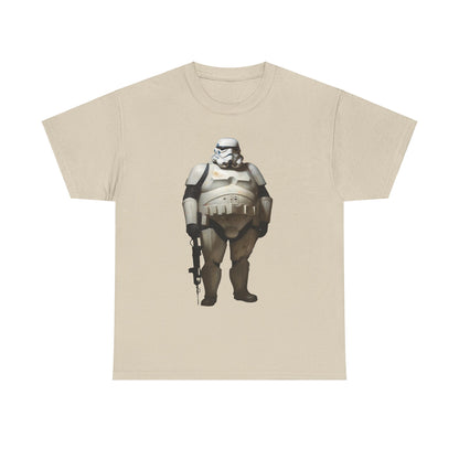 Chubby Stormtrooper Graphic Unisex Graphic Tee Shirt showcased in light beige, illustrating a playful reimagining of a Stormtrooper with intricate detailing and a contemporary aesthetic.
