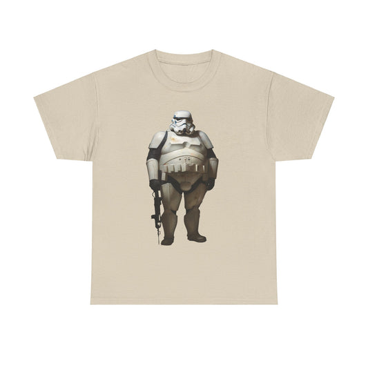 Chubby Stormtrooper Graphic Unisex Graphic Tee Shirt showcased in light beige, illustrating a playful reimagining of a Stormtrooper with intricate detailing and a contemporary aesthetic.