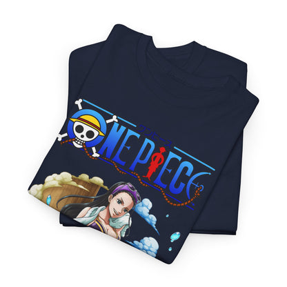 Folded premium navy t-shirts showcasing a captivating Nico Robin design, ideal for anime aficionados seeking stylish elegance.