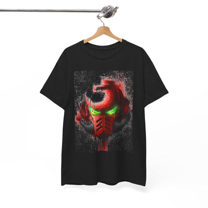 Sophisticated hanging t-shirt showcasing a unique helmet graphic in dramatic colours, perfect for style-conscious individuals looking to elevate their wardrobe.