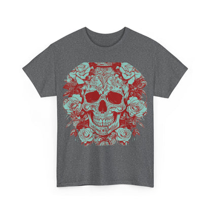 Front view of a grey Skulls and Roses Cotton Tee featuring an intricate skull and floral design, highlighting the blend of edgy style and luxury craftsmanship.