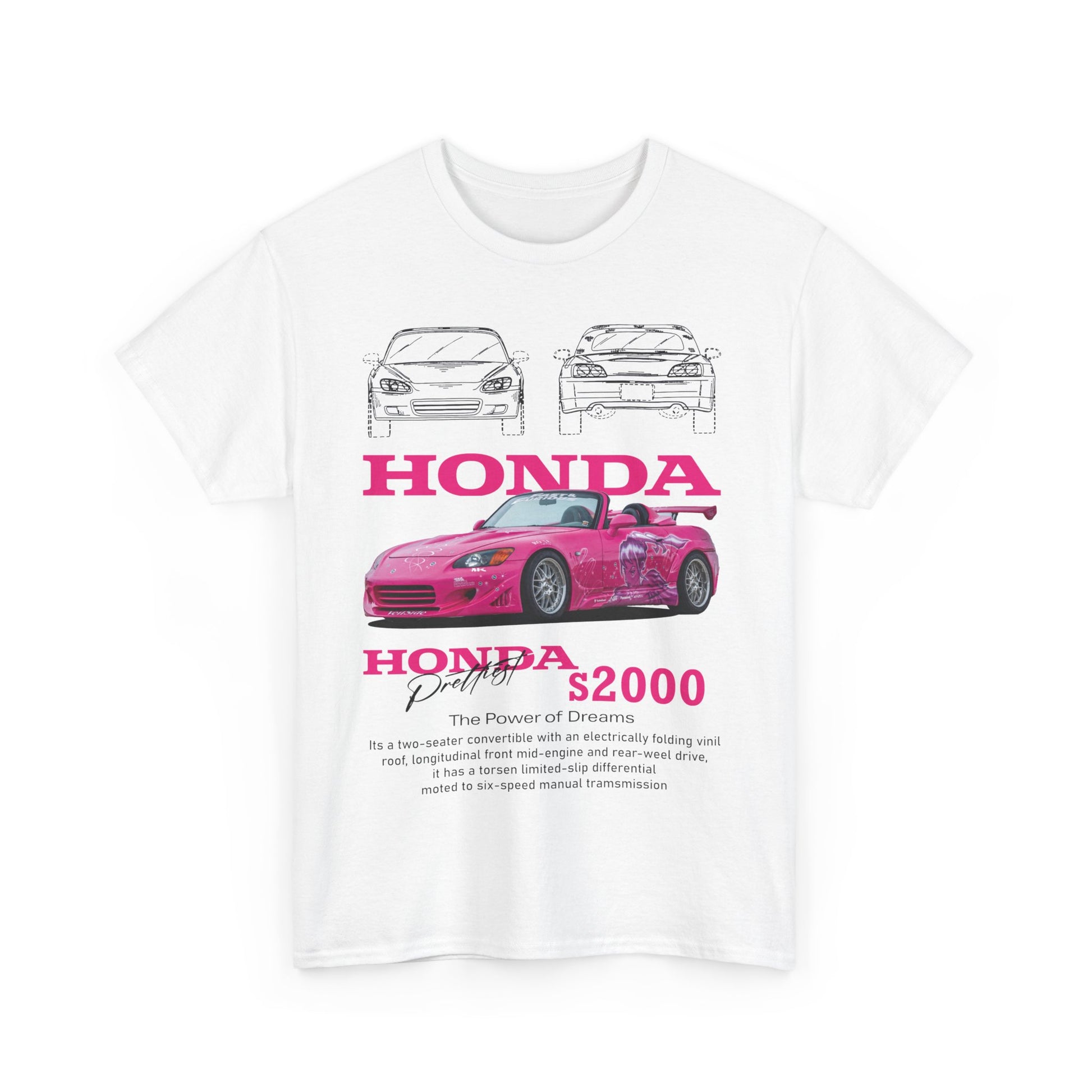 Men's fashionable white T-shirt featuring a striking Honda S2000 graphic and bold lettering in pink, featuring a smooth finish for a refined look.