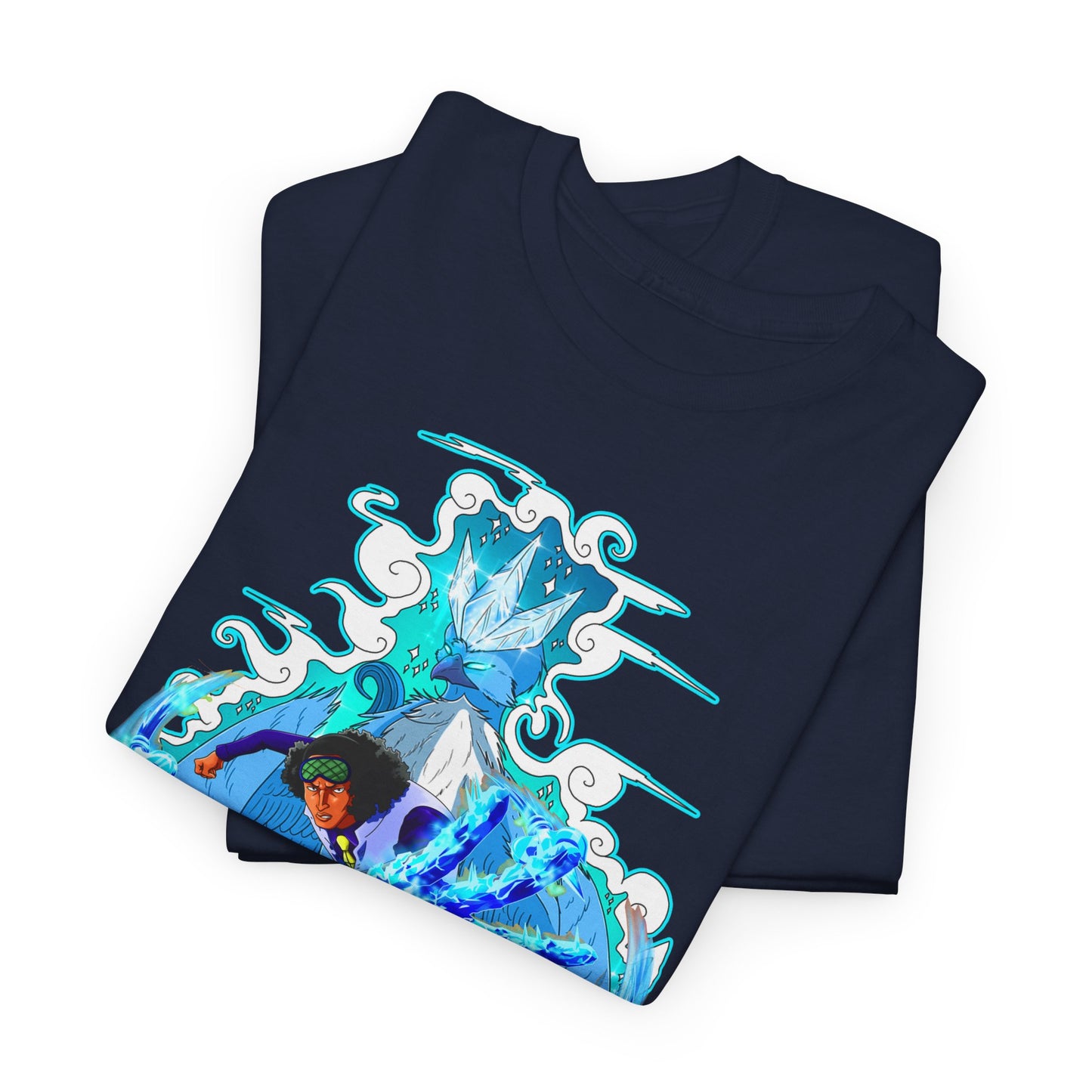 Luxury navy men's anime t-shirt featuring a bold marine design with intricate blue graphics and artistic elements, ideal for anime enthusiasts.