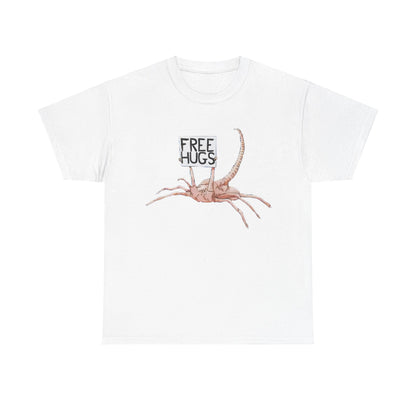 Elegant Alien Xenomorph Facehugger Free Hugs Graphic Unisex Tee Shirt in white, showcasing a quirky facehugger illustration with a fun 'Free Hugs' message.