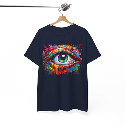 Elegant Visionary Drip Luxe Tee displayed on a hanger featuring a brilliant eye artwork in a palette of vivid hues, ideal for contemporary casual wear.
