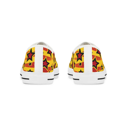 Elegant view of the back of vibrant red pop-art low top sneakers with striking yellow star patterns, perfect for stylish men.