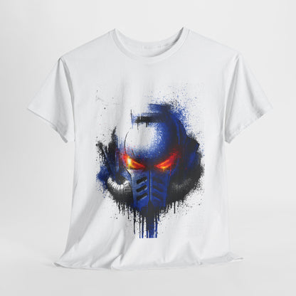 Premium white graphic t-shirt featuring a striking blue and black helmet design with glowing red eyes, blending art and style for the discerning fashion enthusiast.
