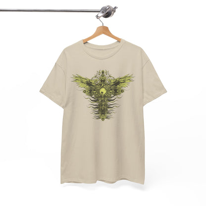 Stylish beige men's t-shirt with a hanging display, featuring a striking graphic of a decorative cross and wings, an ideal piece for fashion-forward individuals.