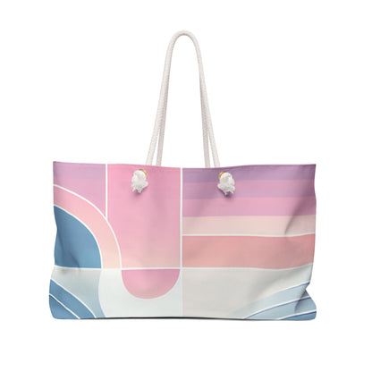 Luxurious Pastel Gradient Weekender Bag by Dazzling Dreams Studio, showcasing a stylish design with serene pastel pink, lavender, and blue hues.
