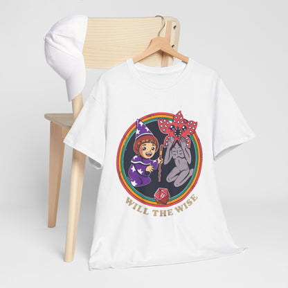 Sophisticated graphic t-shirt displayed on a wooden hanger, showcasing a unique illustration of a wizard girl and creature, with the text 'WILL THE WISE', ideal for adding a playful touch to any fashion ensemble.