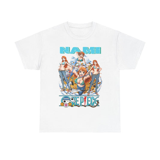 Elegant white Nami Anime T-Shirt showcasing exquisite illustrations of Nami in captivating poses, framed with a colourful design, ideal for stylish anime lovers.