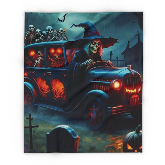 Chic Decorative and Warm Halloween Spooky Arctic Fleece Blanket showcasing a witch and skeletons in a classic vehicle, ideal for creating a luxurious Halloween ambiance.