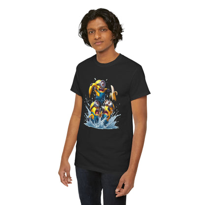 Another angle of a male model in a Men's Funny T-Shirt: Minions Banana Splash showcasing playful Minions design in a casual setting. T Shirt, Funny, Minions.