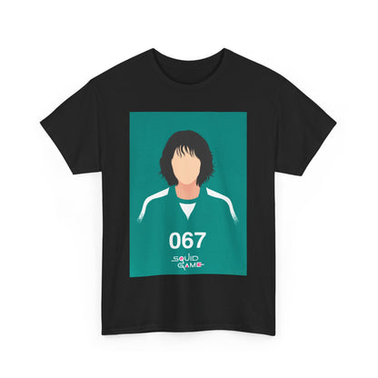Chic Dazzling Dreams Squid Game Unisex Tee showcasing a minimalist illustration of the character 067, ideal for distinctive fashion enthusiasts.