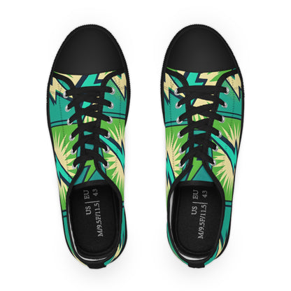 Close-up view of the Zara Thunderstrike Men's Sneakers by Dazzling Dreams Studio, showcasing the unique pop art design with electric turquoise details on a striking green base.