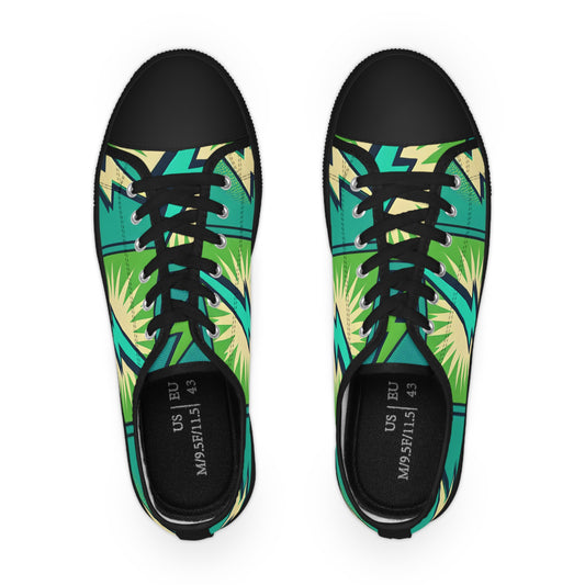 Zara Thunderstrike Men's Vibrant Lowtop Sneakers featuring a bold pop art design with turquoise lightning bolts against a lush green backdrop, showcasing modern style and artistic flair.