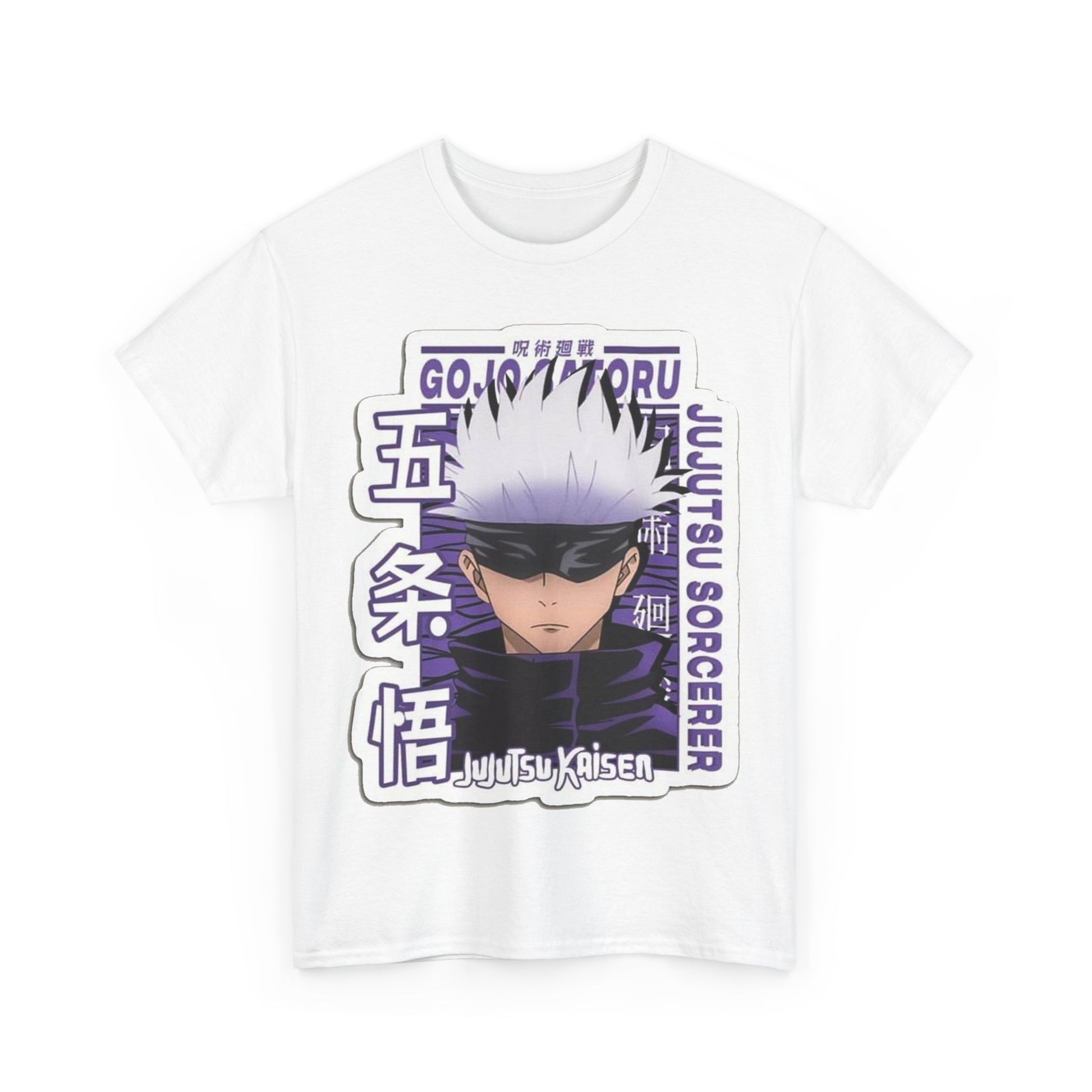 Pristine view of the Gojo Satoru T-shirt on a solid white background, highlighting the intricate anime graphics, ideal for stylish fans of Jujutsu Kaisen.