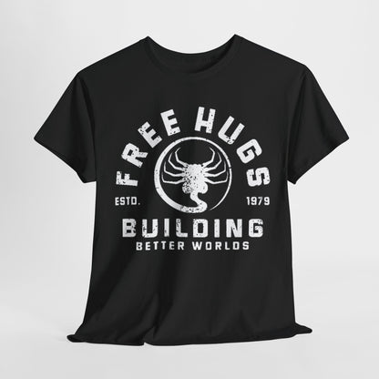 Luxurious black men's t-shirt featuring a vintage-inspired 'Free Hugs' graphic with a bold scorpion silhouette, perfect for a stylish streetwear look.