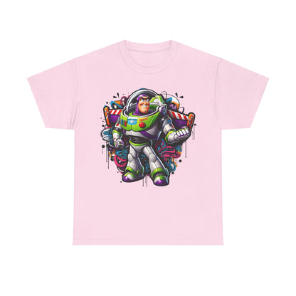 Buzz Lightyear Graffiti Unisex Graphic Tee in a delicate pink tone, highlighting a lively space ranger design, perfect for adding a playful touch to your high-end casual wear.