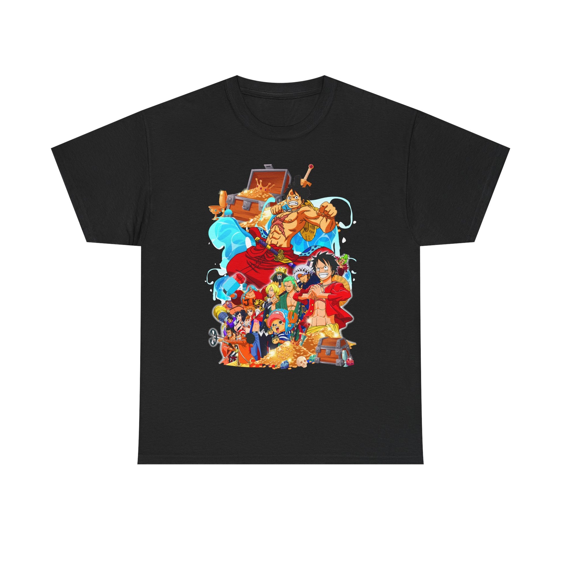 Chic black t-shirt featuring an eye-catching anime graphic of legendary adventurers, embodying the spirit of exploration and fan culture, a must-have for stylish individuals.