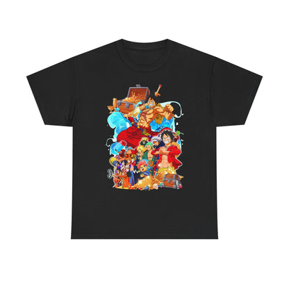 Chic black t-shirt featuring an eye-catching anime graphic of legendary adventurers, embodying the spirit of exploration and fan culture, a must-have for stylish individuals.