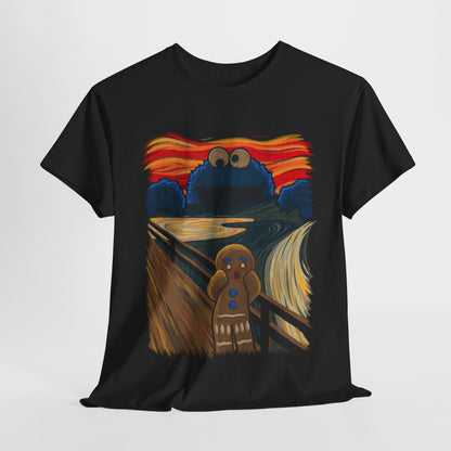 Luxuriously crafted 'Cookie Monster Scream' unisex graphic T-shirt featuring a vibrant mashup of Edvard Munch’s iconic artwork with the whimsical character of Cookie Monster. This enchanting design showcases a uniquely expressive portrayal set against a sunset background, perfect for art enthusiasts and lovers of cheeky humour.