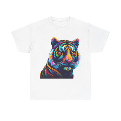 Elegant Tiger's Whimsy Graphic Unisex T-Shirt showcasing a multicoloured kaleidoscope tiger design, perfect for art-conscious individuals.