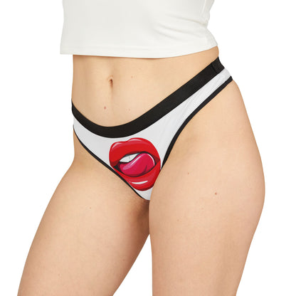 Side view of a fashionable women's thong highlighting a vibrant red lips graphic, embodying playful sophistication for special moments.