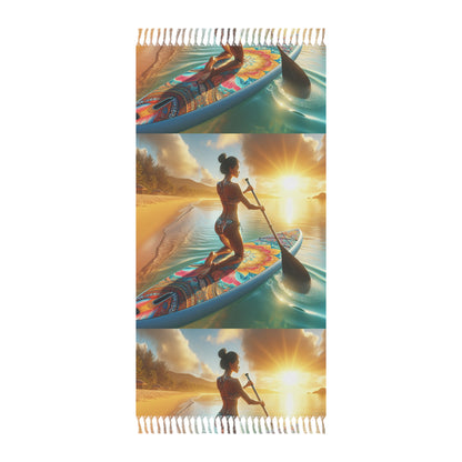 Luxurious Boho Beach Cloth for Paddleboarding, featuring a vibrant design with a woman paddling on a tranquil beach at sunset. Size: 38" x 81", made from soft polyester, adorned with stylish tassels.